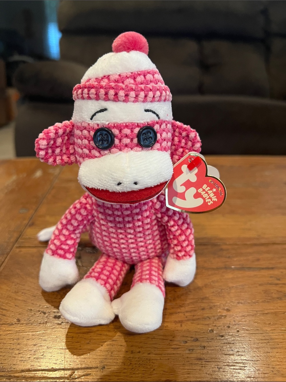 TY Beanie Babies Socks the Sock Monkey. Pink quilted zigzag 2013 MWMT Mint New